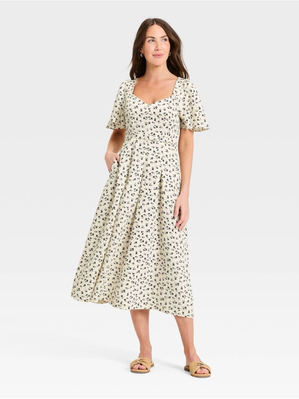 Flutter Sleeve Belted Midi Dress - A New Day, Cream/Black Floral Sz 12, NWOT